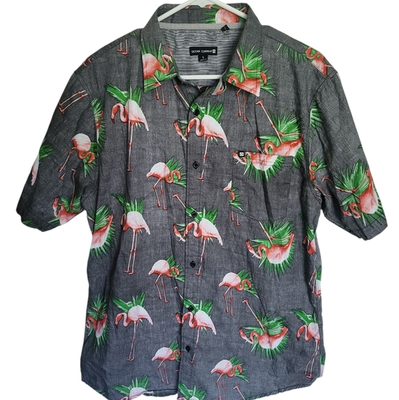 Ocean Current Flamingo Print Gray  Casual Button Down Shirt - Picture 1 of 7